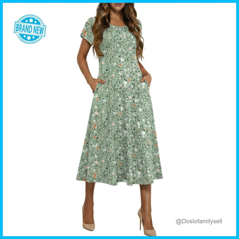 Flowy Midi Sundress Petal Sleeve A-Line Bohemian Casual Elegant Summer Dress - Picture 1 of 7